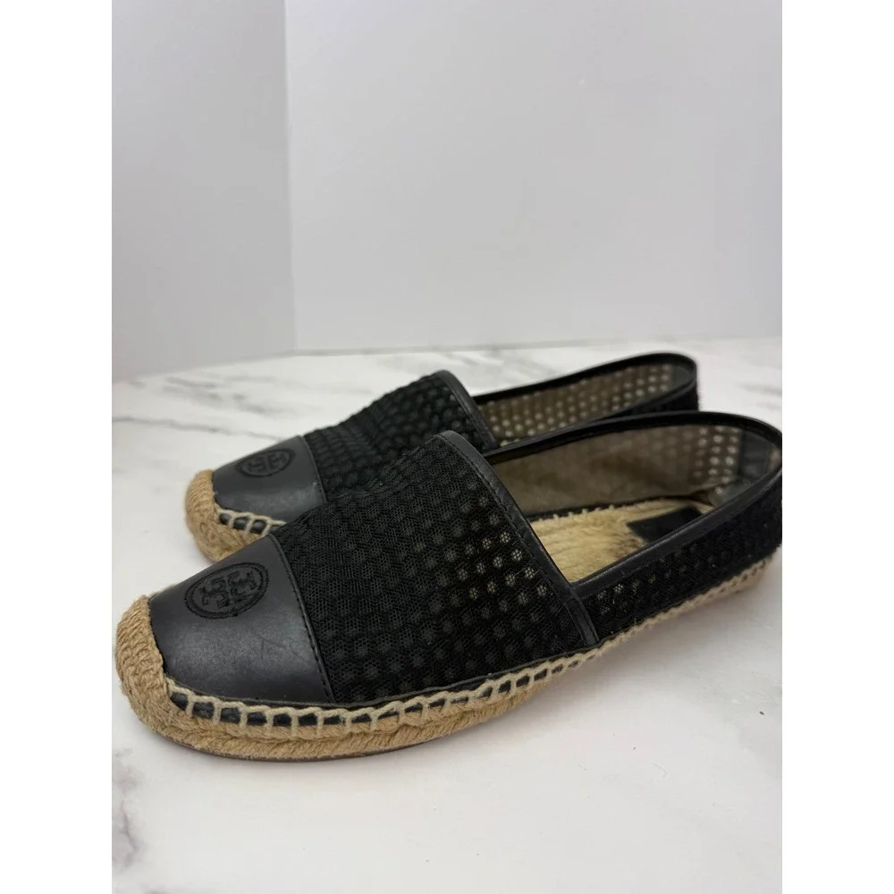 Tory Burch Grenada A Line Mesh Logo Cap Toe Espadrilles Black Sz 9